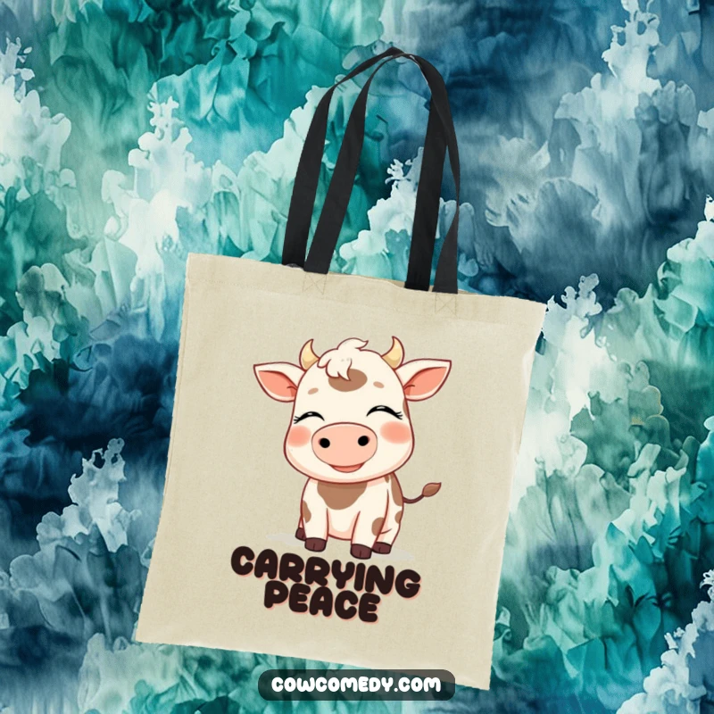 Funny tote bag with a smiling cow, eyes closed, enjoying a gentle breeze, perfect for shopping and carrying essentials, great gift.