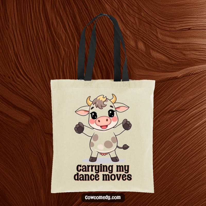 Funny Kawaii cow tote bag showing a cow doing a goofy dance move with its hooves, a fun accessory.