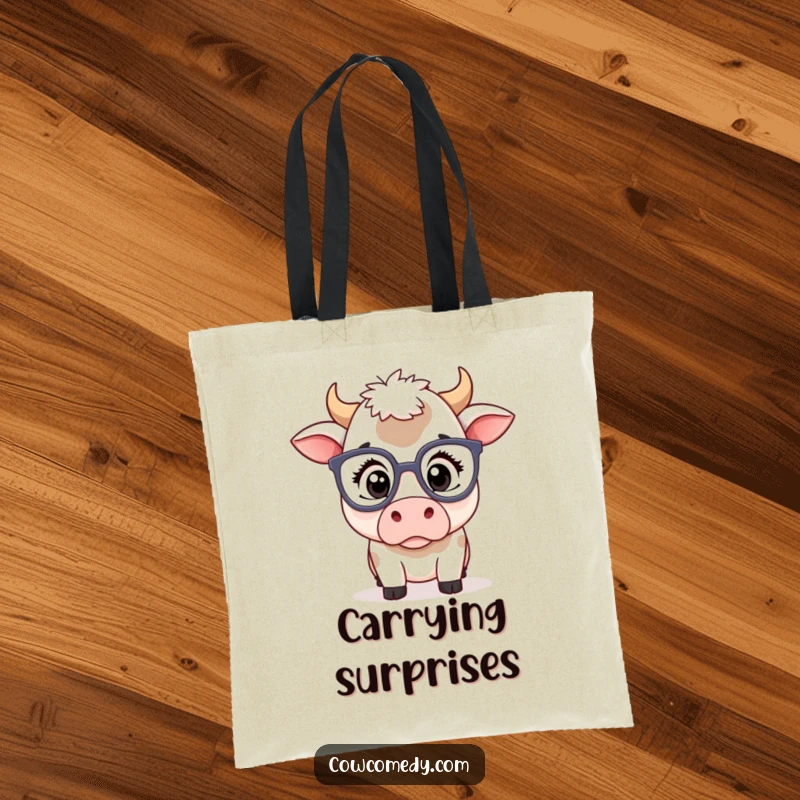 Funny kawaii cow tote bag with a cute cow wearing oversized spectacles, eyes wide in surprise, perfect for everyday use.