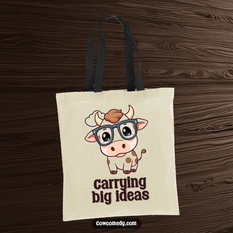 Funny Kawaii Cow Tote Bag: A cow with oversized glasses thoughtfully looks at a cloud, a stylish and funny gift.