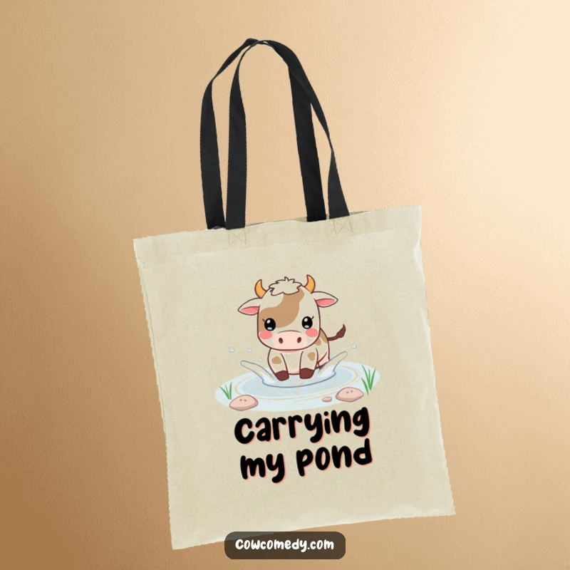 Funny Kawaii cow tote bag showing a cow playfully splashing water in a small pond, a fun everyday accessory.