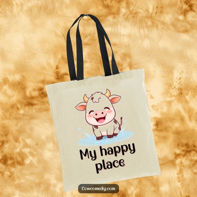 Funny kawaii cow tote bag featuring a happy cow playing and splashing in a small puddle with a contented sigh.