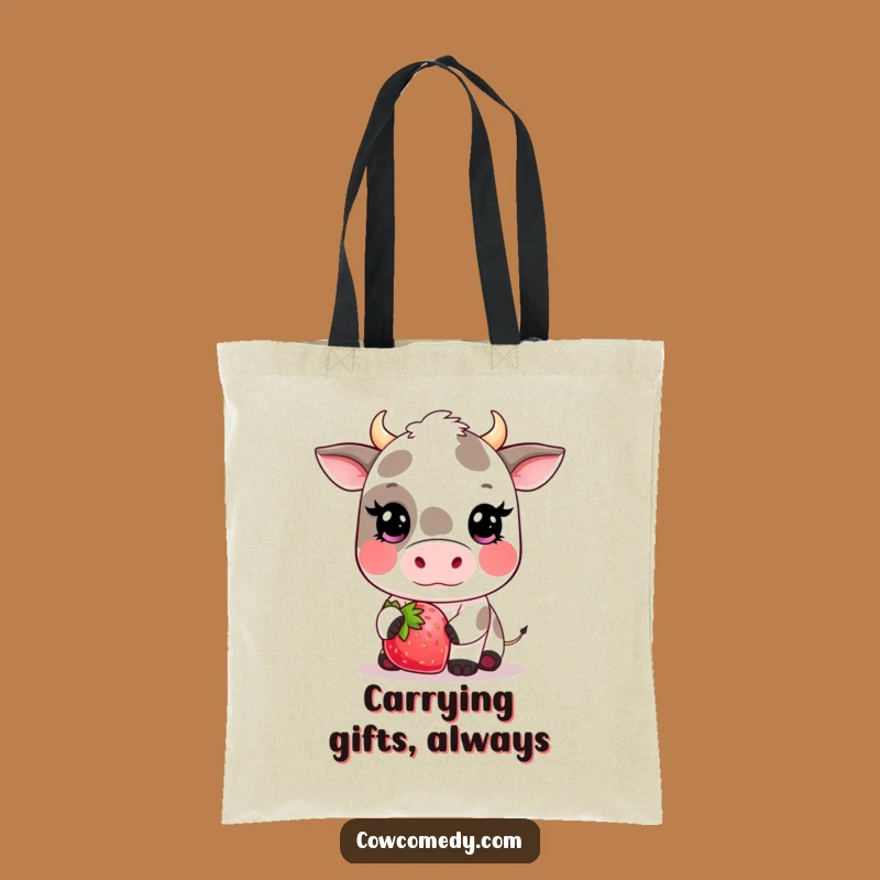 Funny Kawaii Cow Strawberry Tote Bag - Cute Blushing Carryall Gift