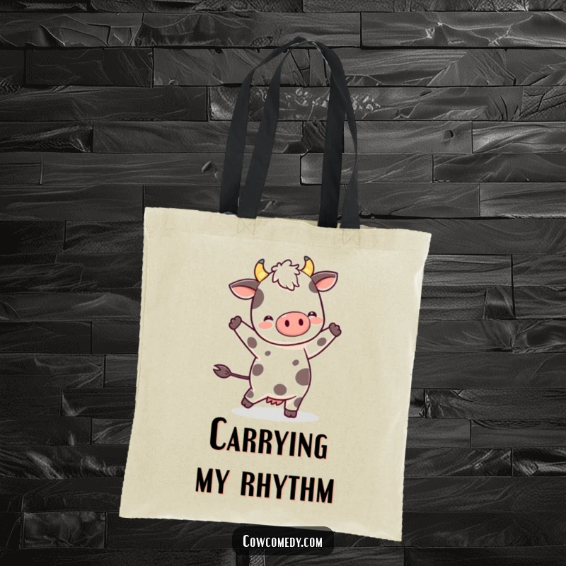 Funny Kawaii Cow Tote Bag: A spotted character joyfully dancing, perfect for carrying groceries or treasures with a smile.