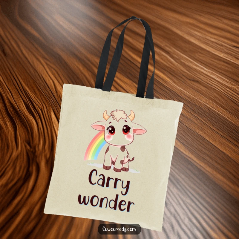 Funny tote bag with a curious cow, large eyes, watching a rainbow, perfect for shopping and carrying essentials, great gift.