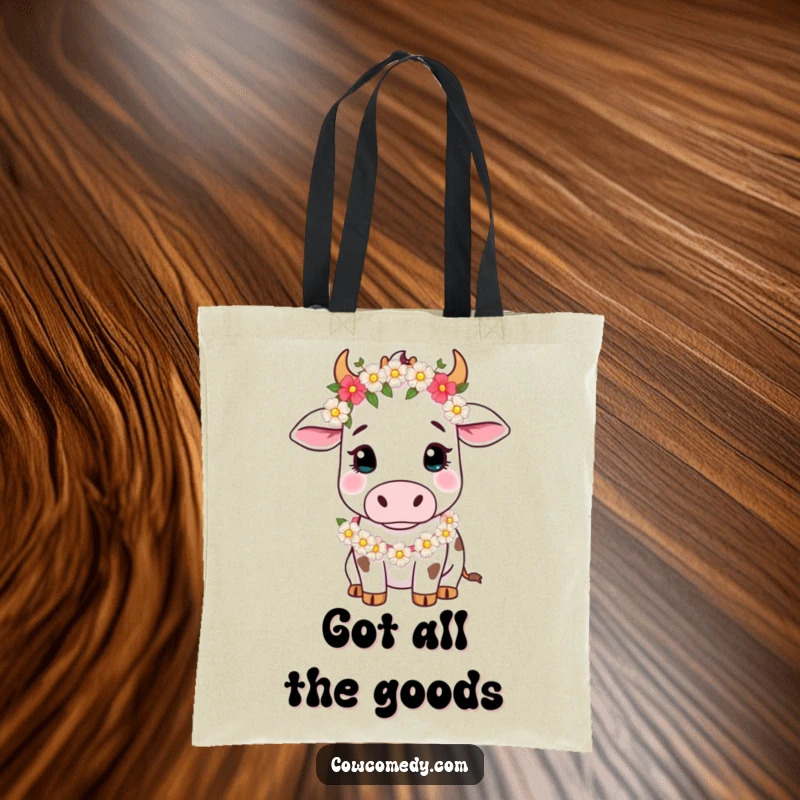 Funny Tote Bag with a serene cow wearing a flower garland, designed for carrying essentials with a touch of gentle charm.