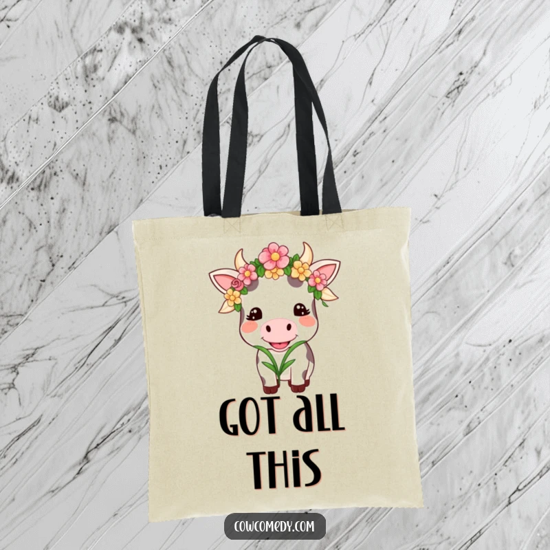 Funny Kawaii Cow Tote Bag: A smiling cow with a flower garland happily chews grass, a charming and funny gift.