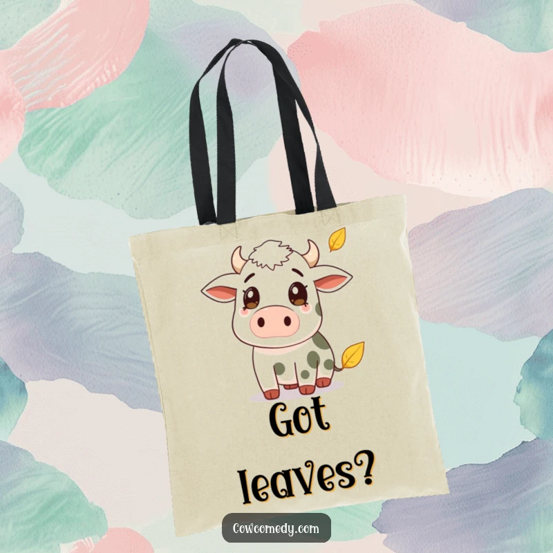 Funny tote bag depicting a cow with a surprised expression watching a falling leaf. A charming and humorous accessory for autumn.