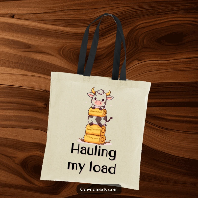 Funny Kawaii Cow Tote Bag: A kawaii cow humorously balances a stack of hay bales, a practical and funny gift.