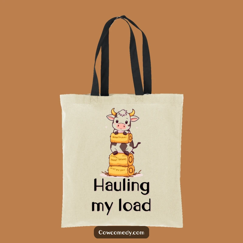 Funny Kawaii Cow Hay Bale Tote Bag: Balancing Cow Shopping Bag