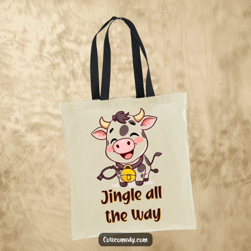 Funny giggling cow tote bag featuring a cow with a cowbell, perfect for carrying items with a joyful flair.