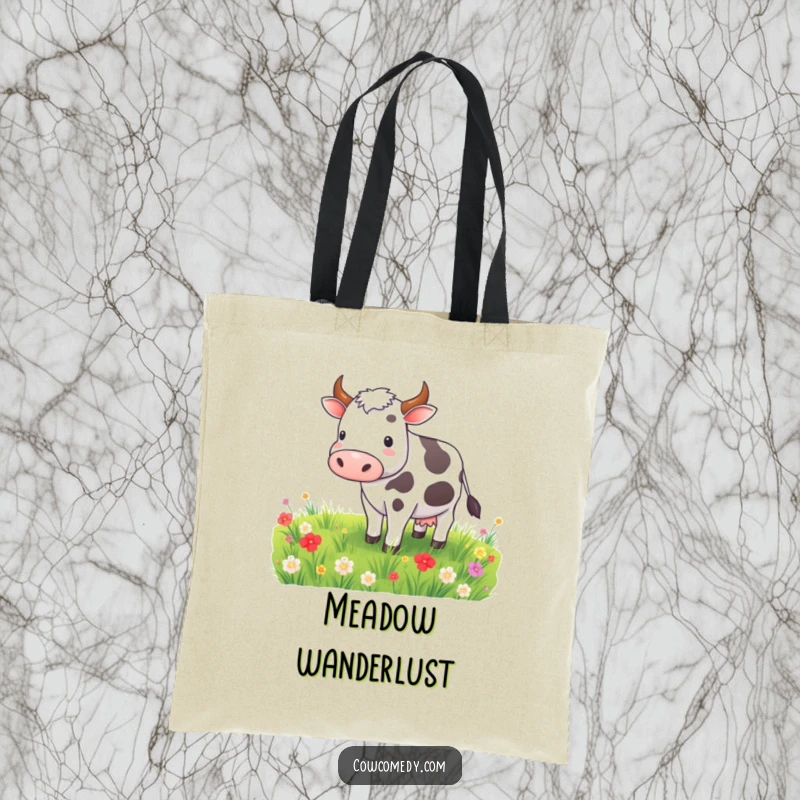 Funny tote bag with a contented cow grazing in a vibrant meadow, showcasing peaceful farm life and practical style.