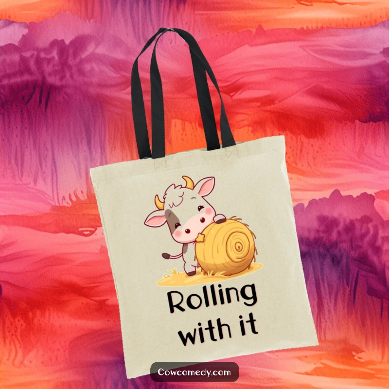 Funny tote bag featuring a playful cow nudging a rolling ball of hay, ideal for carrying essentials with a touch of humor.