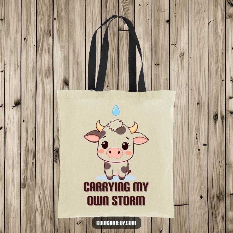 Funny kawaii cow tote bag, looking startled by a single falling raindrop, showcasing adorable surprise and a cheerful vibe.