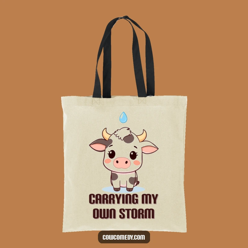 Stylish funny kawaii cow tote bag, a chic gift for art lovers, featuring a surprised cow and raindrop.