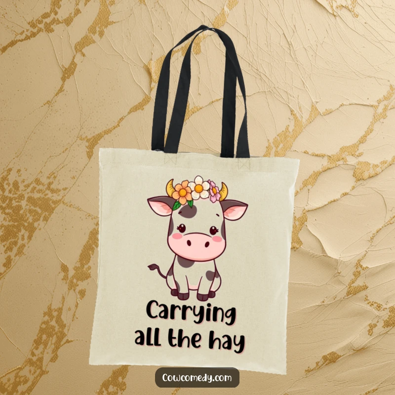 Funny Kawaii Cow Tote Bag featuring a cute cow with a flower crown. Durable and stylish, perfect for shopping and everyday use, a cute accessory.