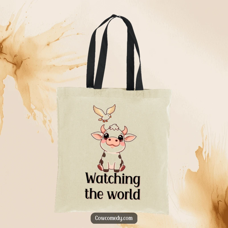 Funny tote bag depicting a cow with large, innocent eyes looking up at a bird in flight. A charming and humorous accessory.